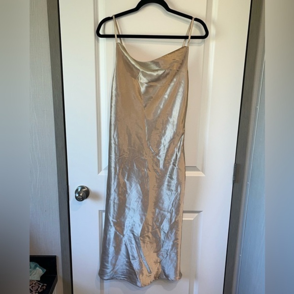 Birdy Grey Champagne Satin Slip Midi Dress Cowl Neck Spaghetti Straps Small